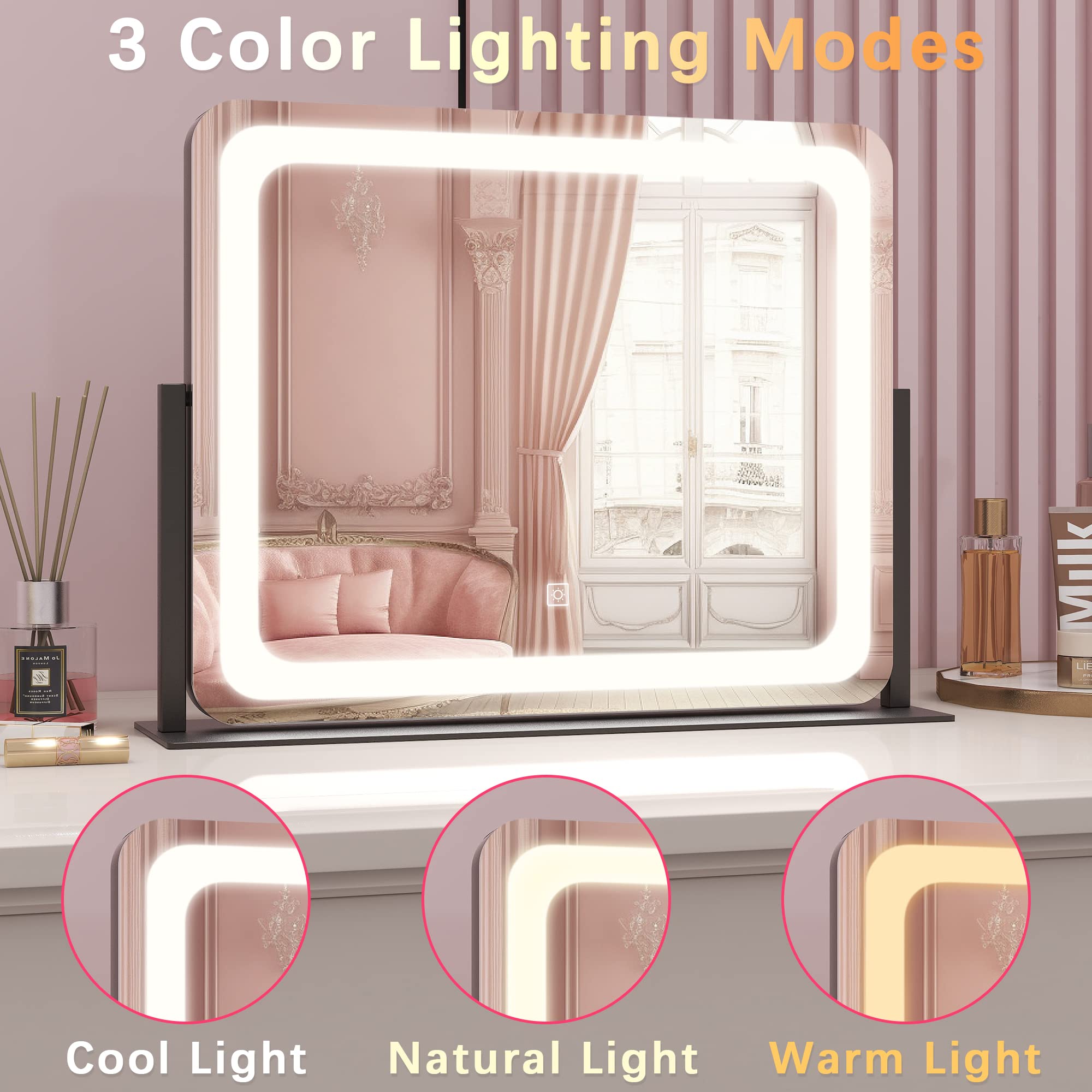 ROLOVE espejo con iluminación regulable y base giratoria 360 grados para facilidad de uso diario.