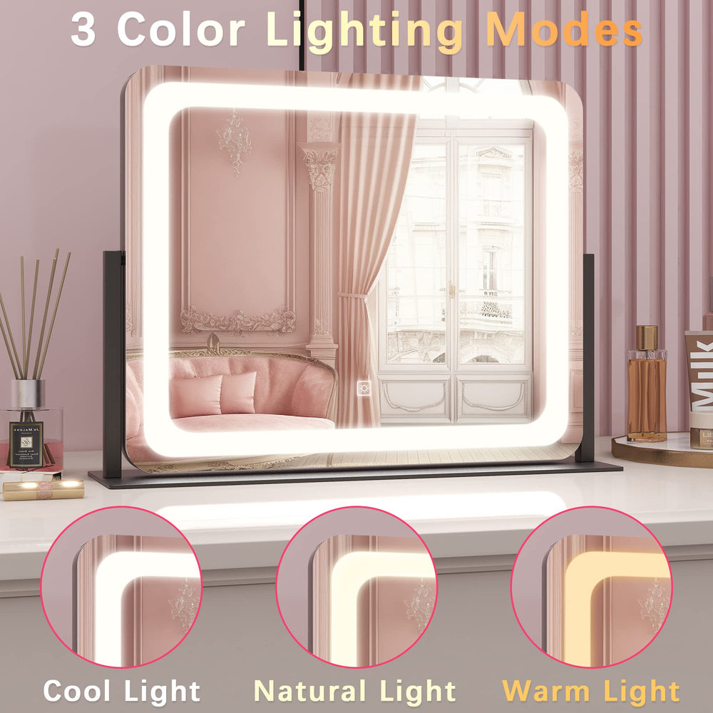 ROLOVE espejo con iluminación regulable y base giratoria 360 grados para facilidad de uso diario.