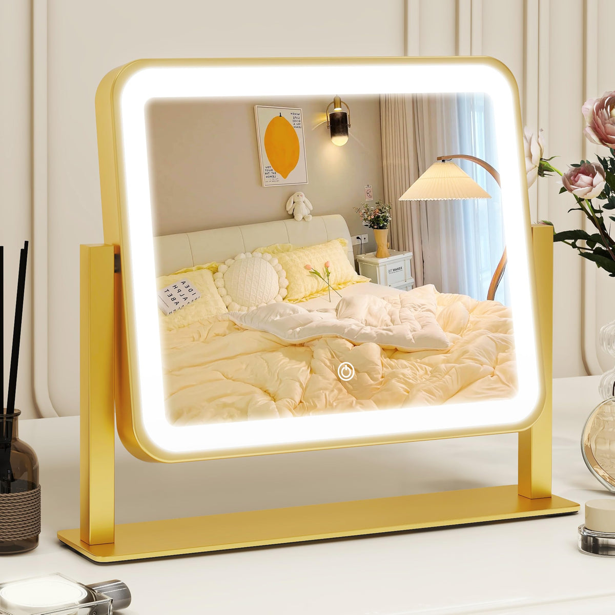 ROLOVE espejo de vanidad dorado con luces LED para maquillaje claro y cómodo.
