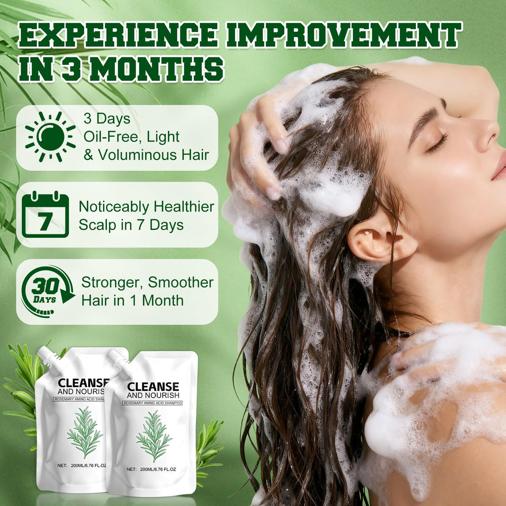 Etiqueta natural del champú de romero y aminoácidos, cuidado suave para el cabello.