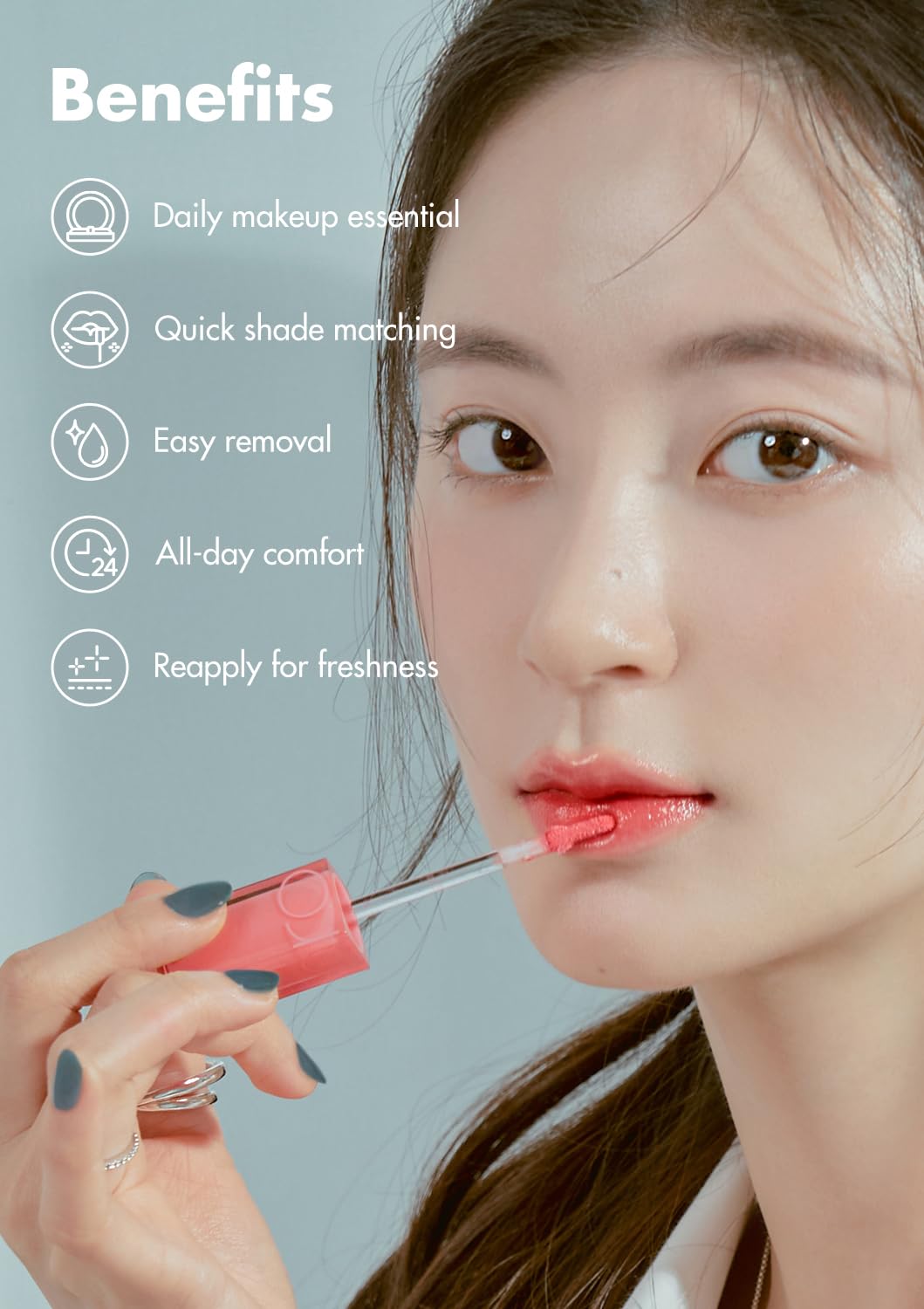 rom&nd DEWY·FUL tinte líquido 13 Custard Mauve, textura de agua ligera para labios cómodos.
