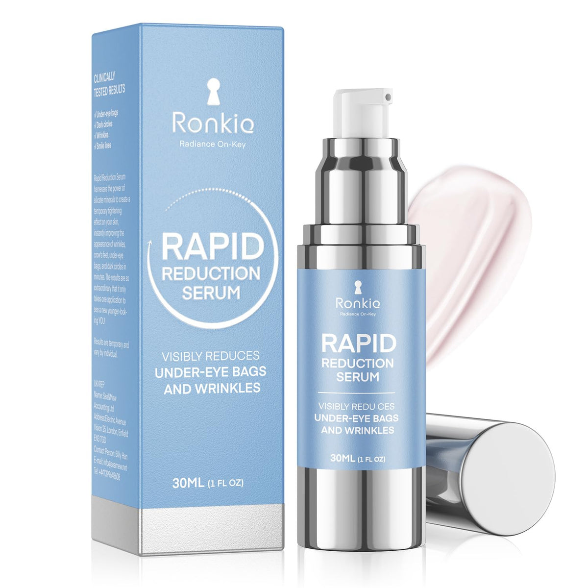 RONKIE crema de ojos en frasco de 1 oz, uso diario recomendado
