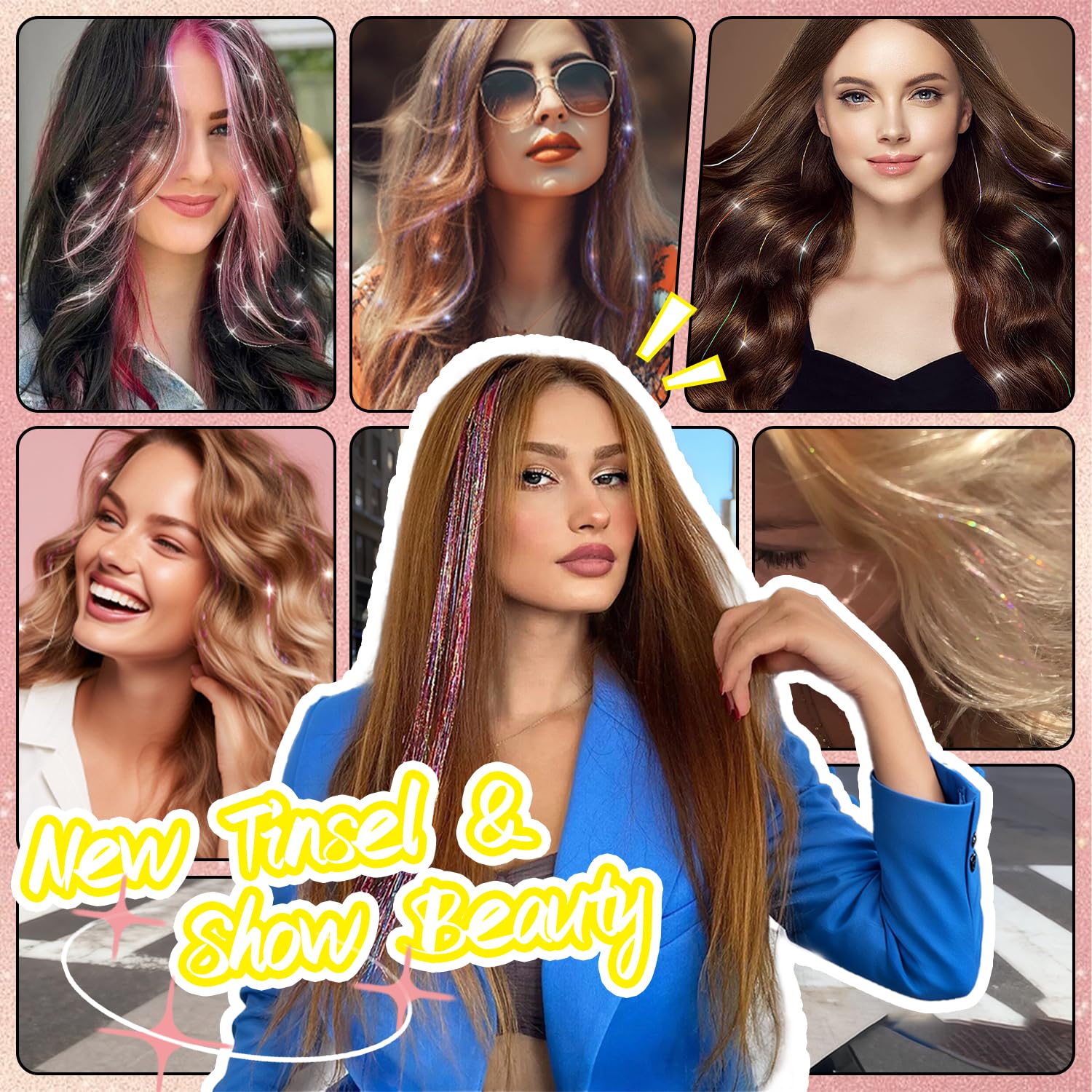 Rootoo tinsel cabello clip azul brillo holográfico