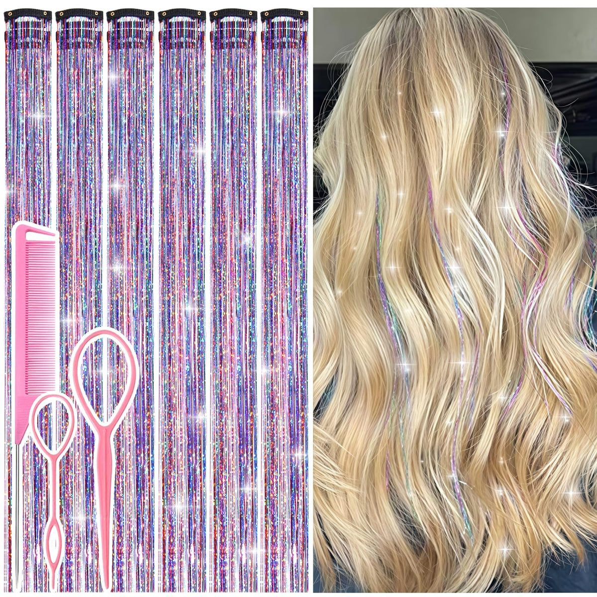 Rootoo clip tinsel cabello colorido para looks festivos