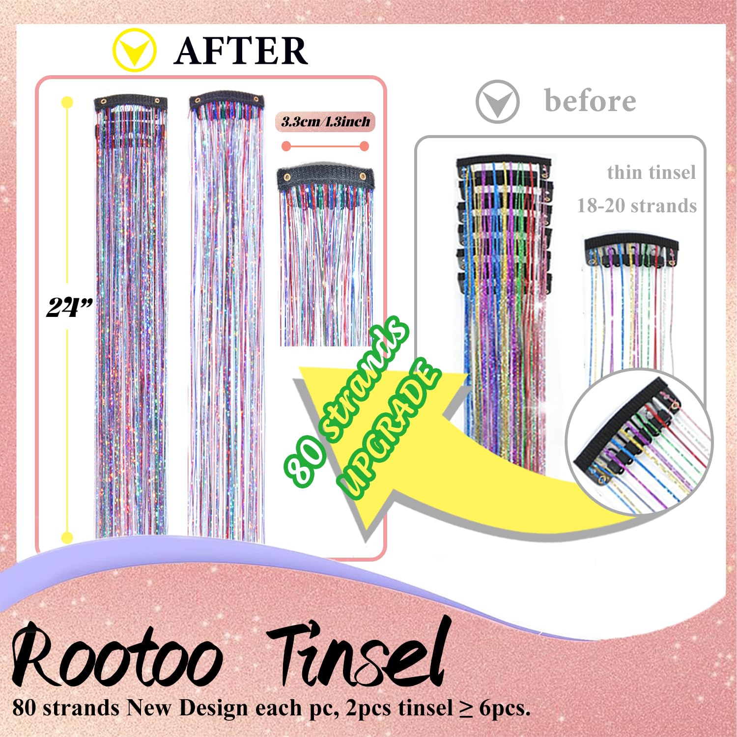 Rootoo tinsel cabello clip rosa brillante para peinados