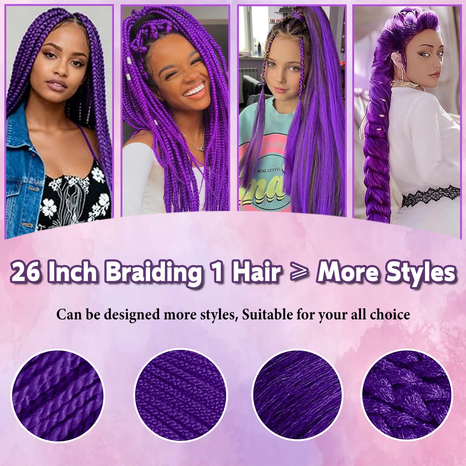 Rootoo pelo morado suave yaki para estilos de trenza versátiles.