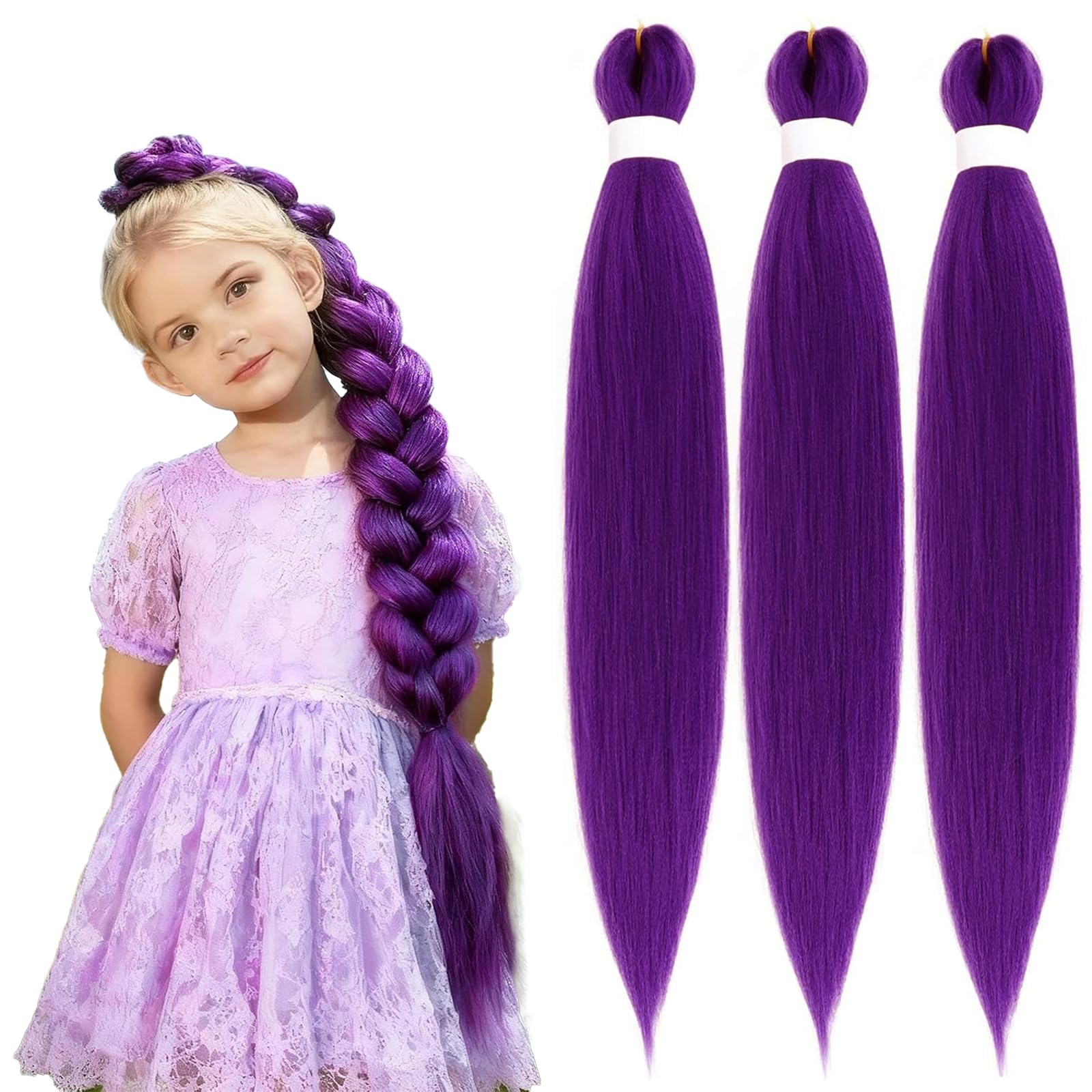 Rootoo pelo trenzado morado de 26 pulgadas preestirado, acabado natural para trenzas rápidas.