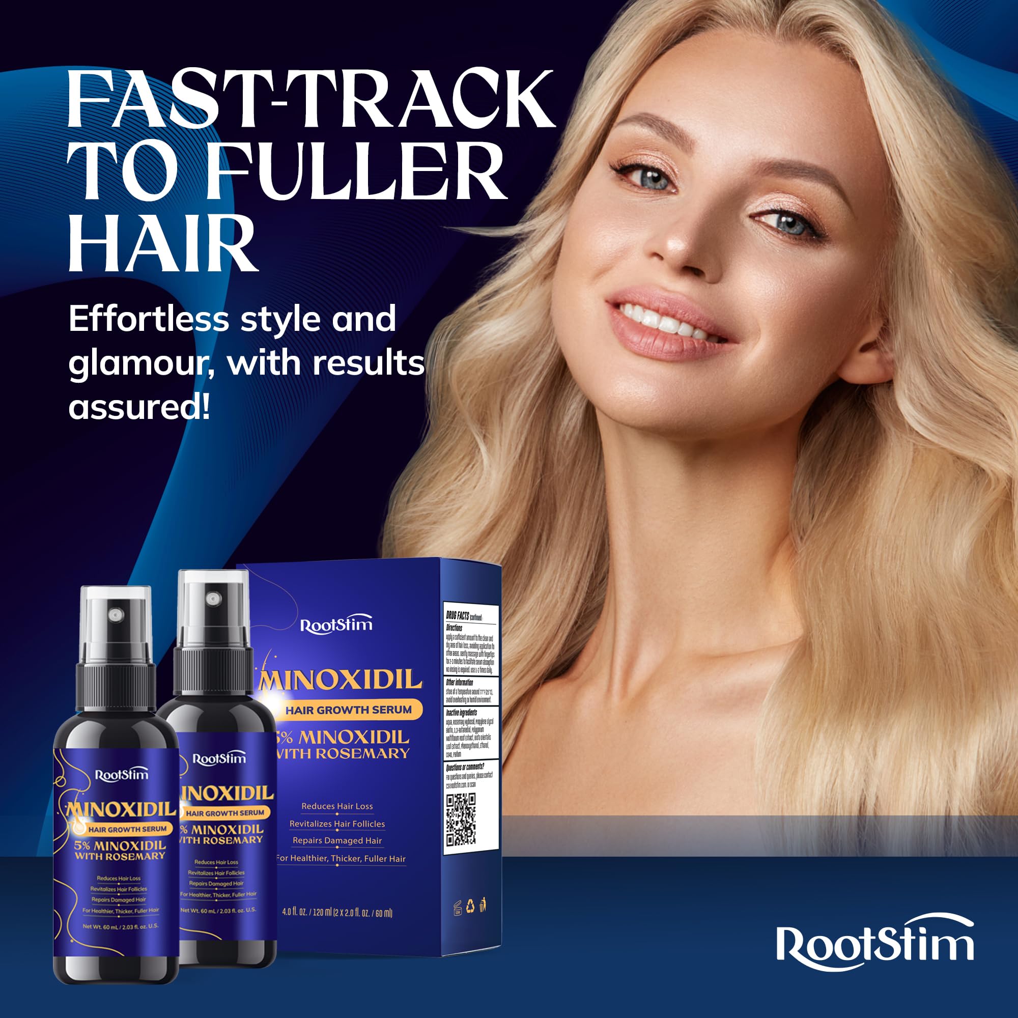 Empaque de RootStim Minoxidil 240 ml para un baño ordenado.