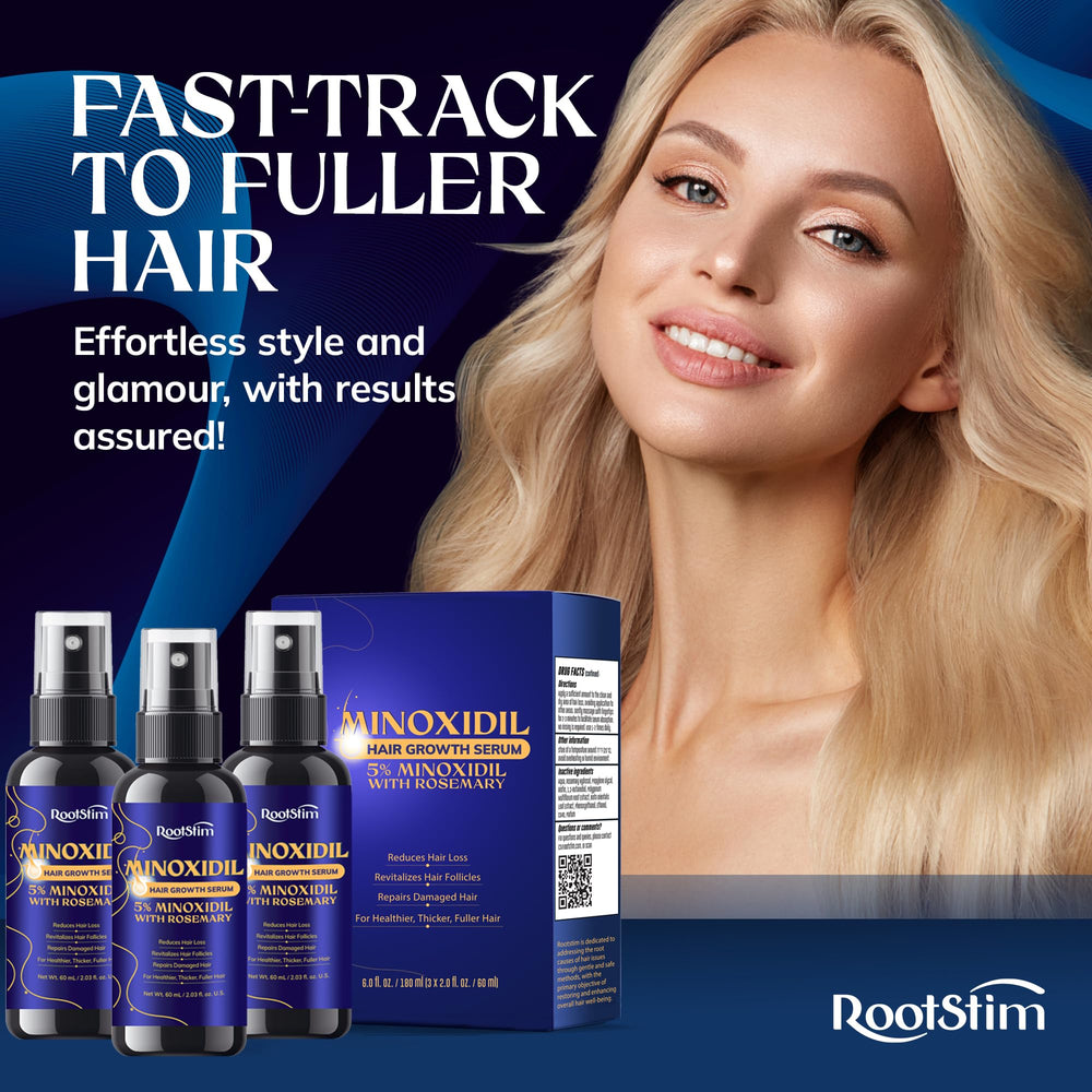 RootStim Minoxidil 5% con romero: cabello más lleno y cuidado diario.
