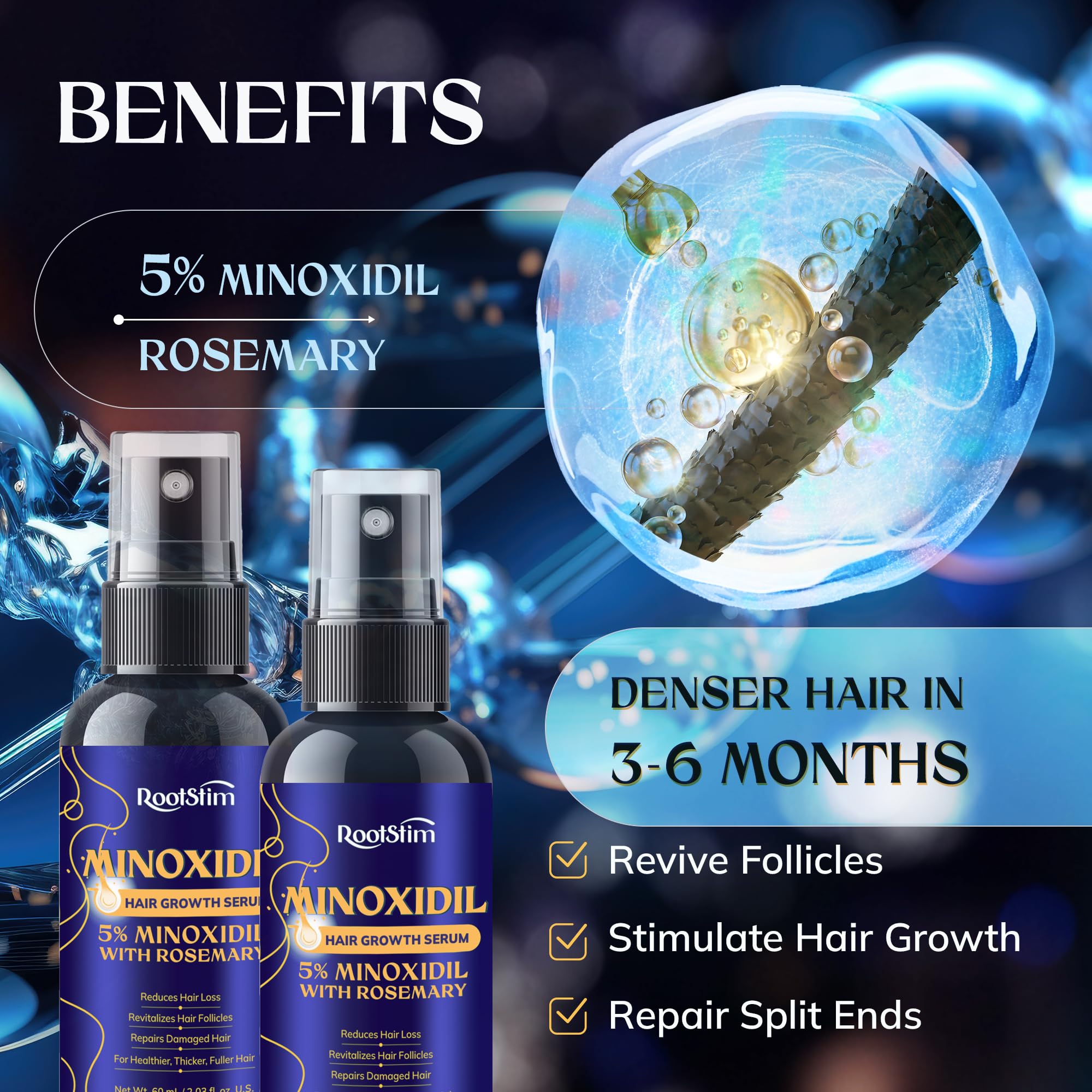 RootStim Minoxidil 5% dos-pack para tratamiento continuo del cabello.