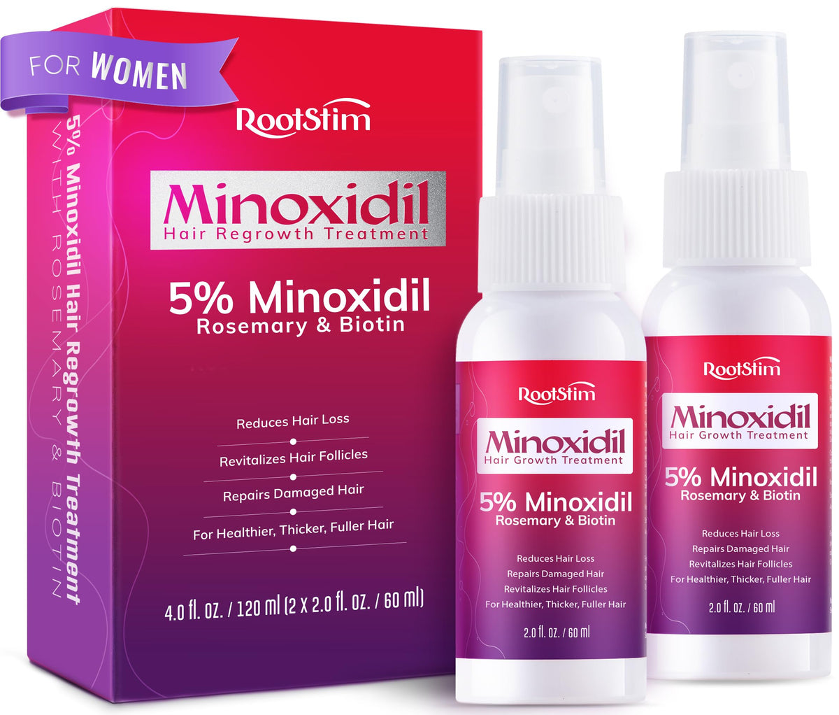 RootStim Minoxidil 5% para mujeres, aplicación precisa en áreas de adelgazamiento.