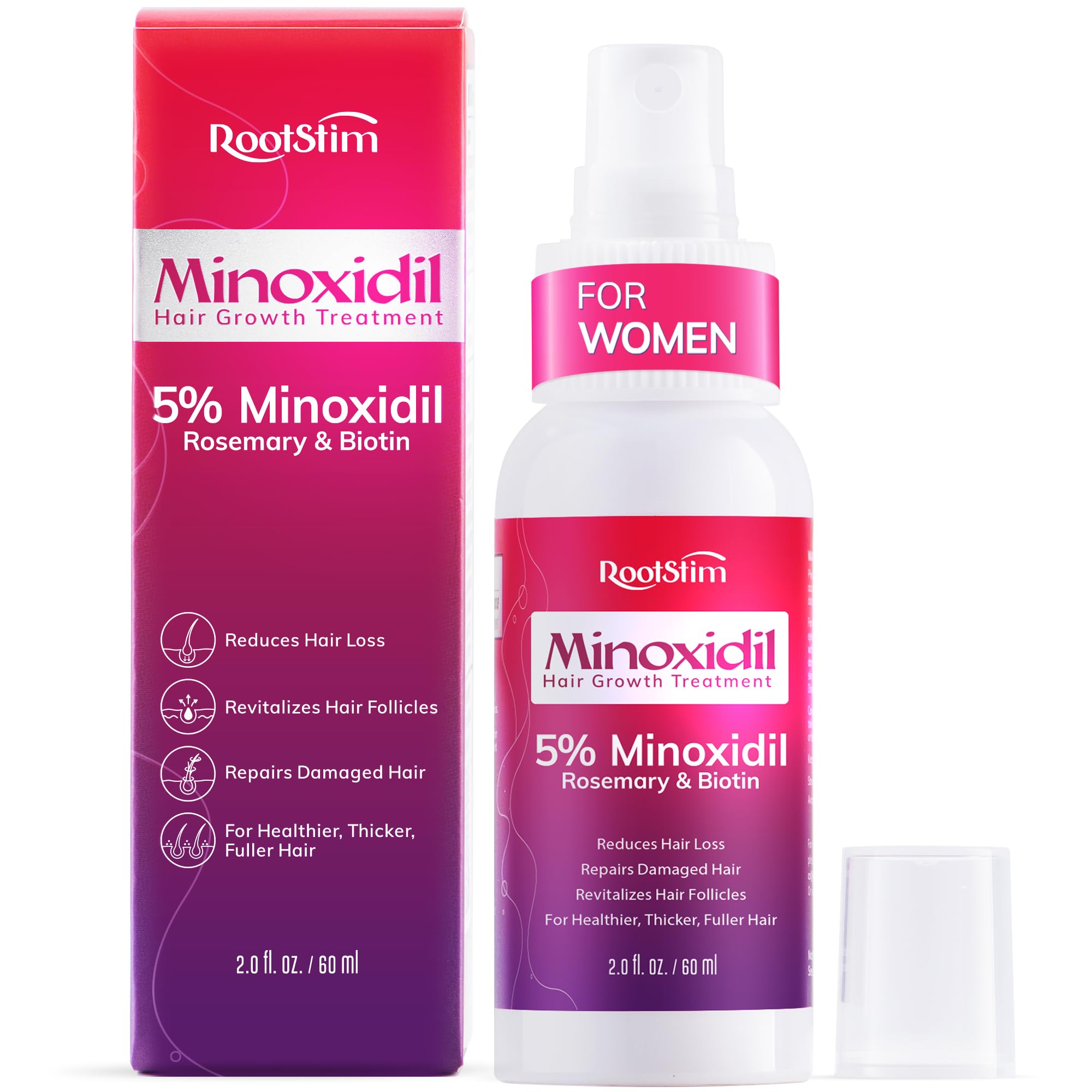 RootStim minoxidil spray para mujeres, enfoque en el aplicador y uso diario.