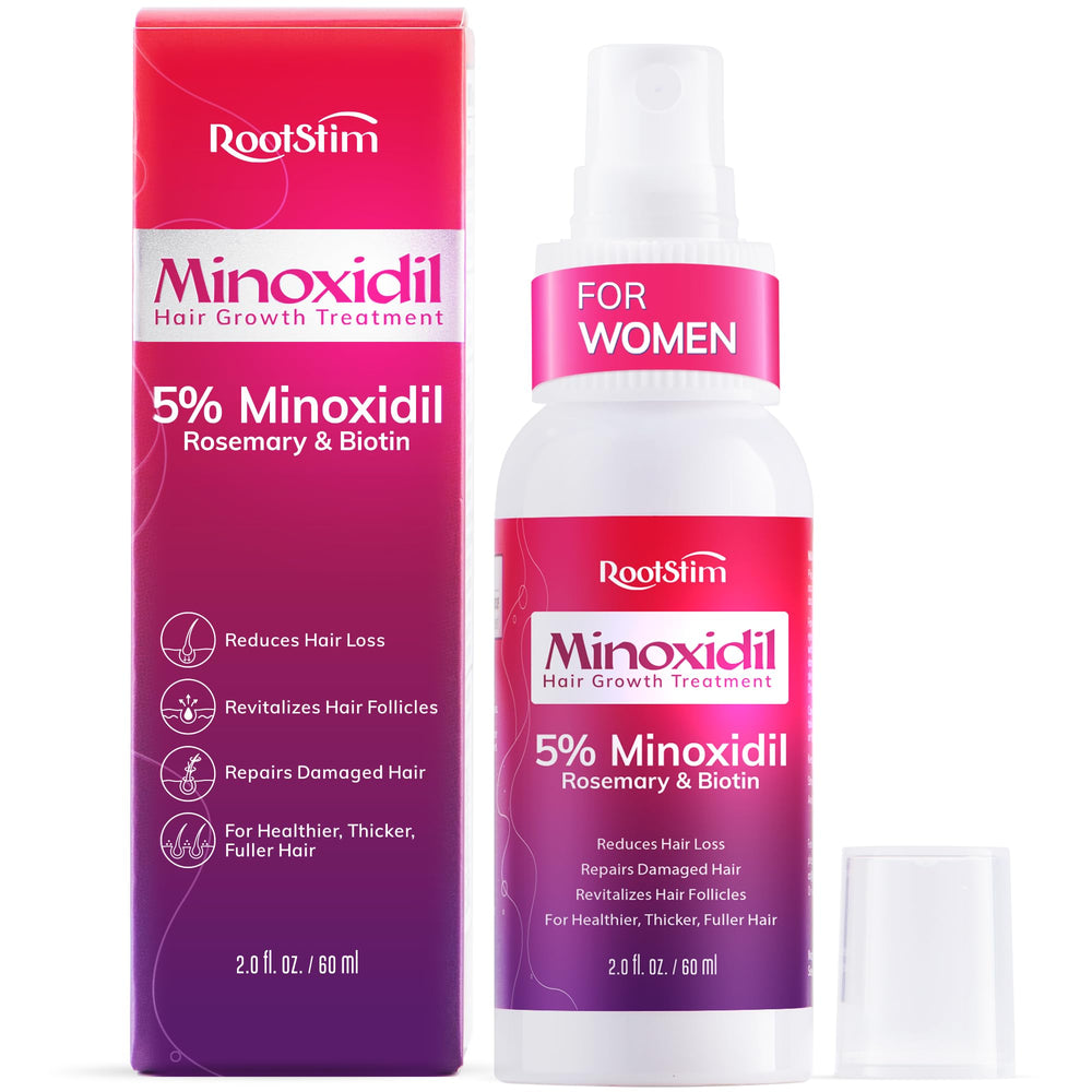 RootStim minoxidil spray para mujeres, enfoque en el aplicador y uso diario.