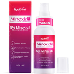 RootStim minoxidil spray para mujeres, enfoque en el aplicador y uso diario.