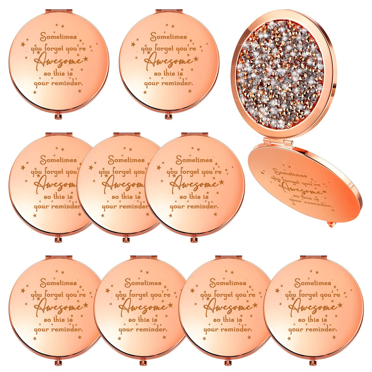 Roowest Espejo compacto inspirador con frente rosa dorado, perfecto para llevar y recordar que eres increíble.