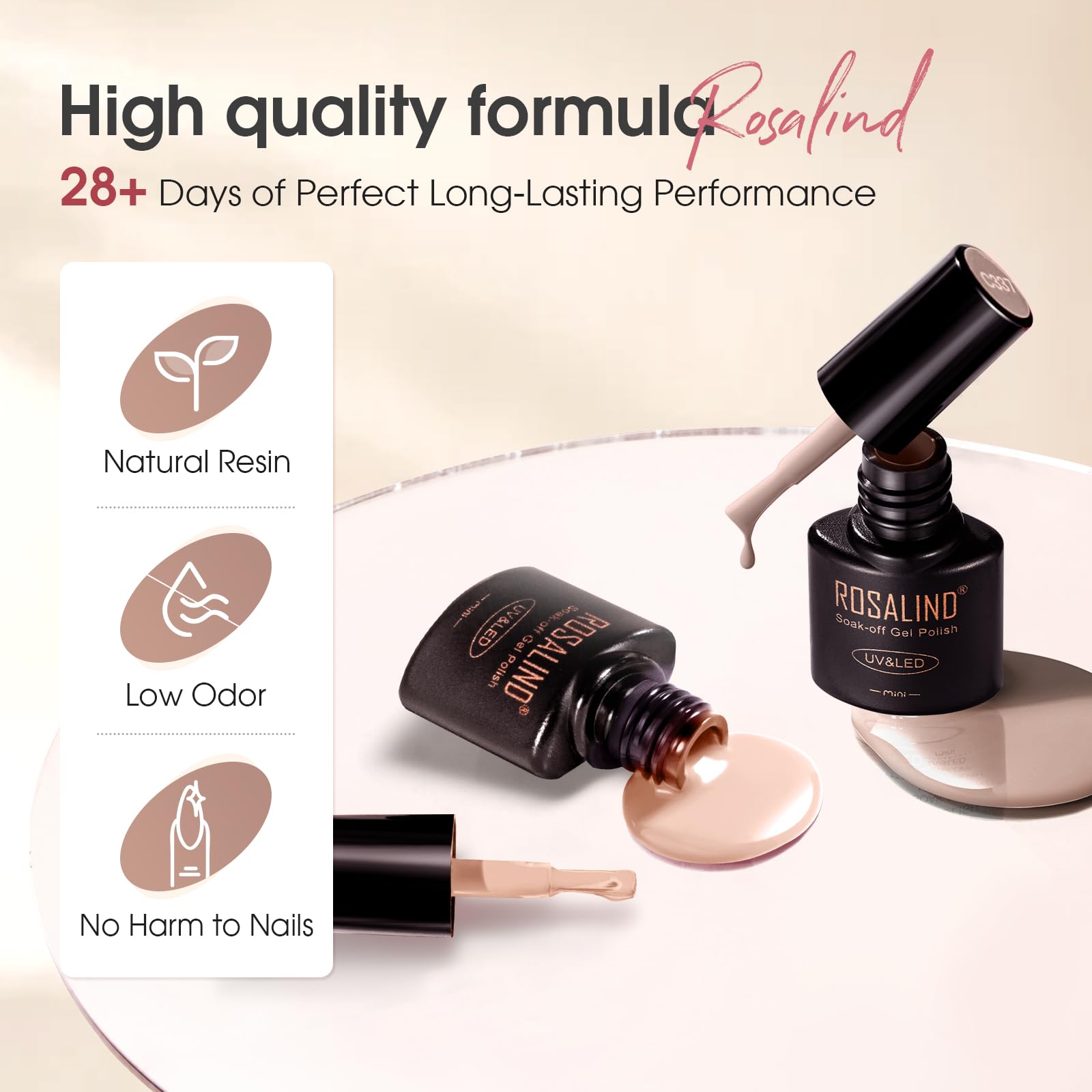 ROSALIND Primer plano de botella de 5 ml, útil con capa base y capa superior.