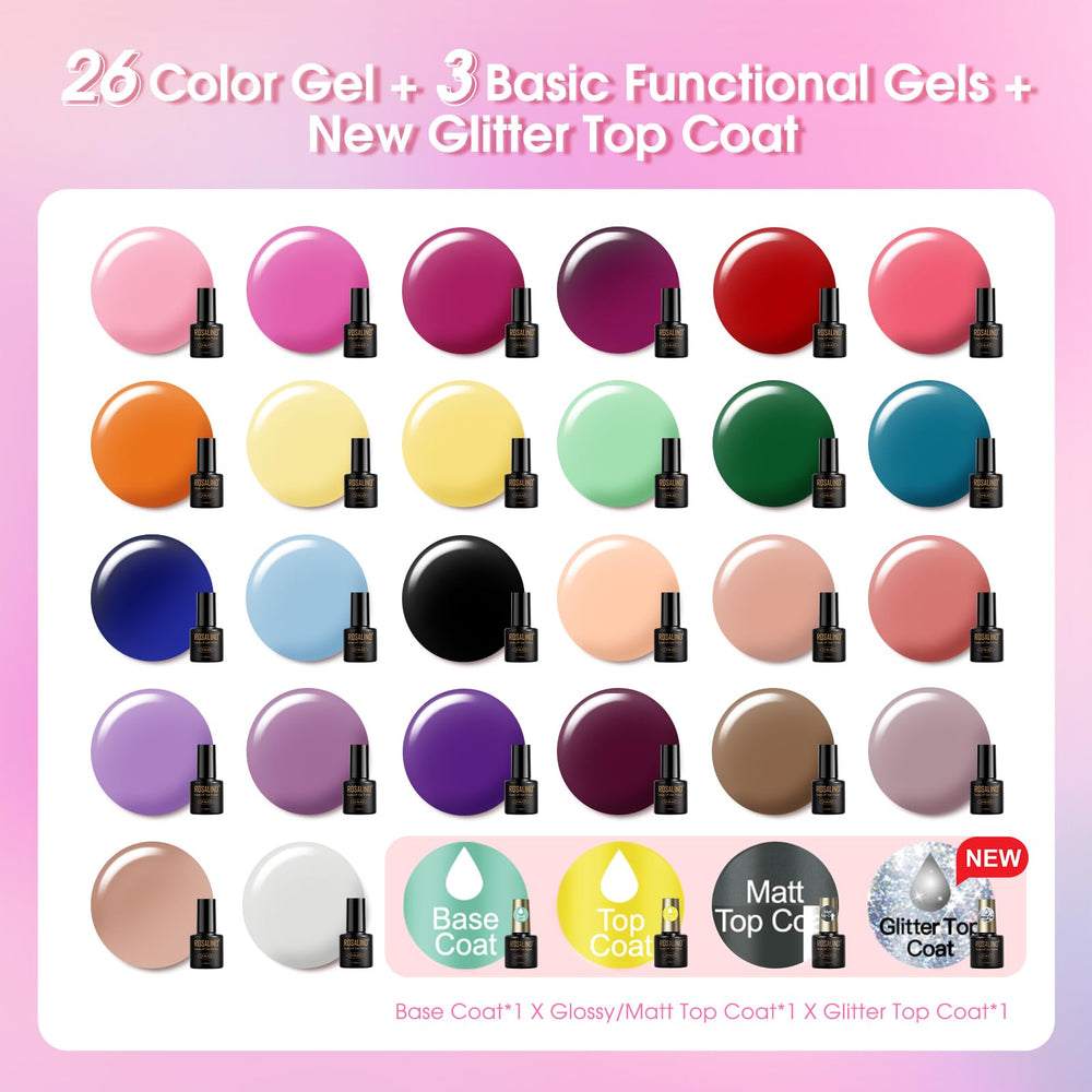 ROSALIND base and top coats provide glossy or matte finishes for durable nails