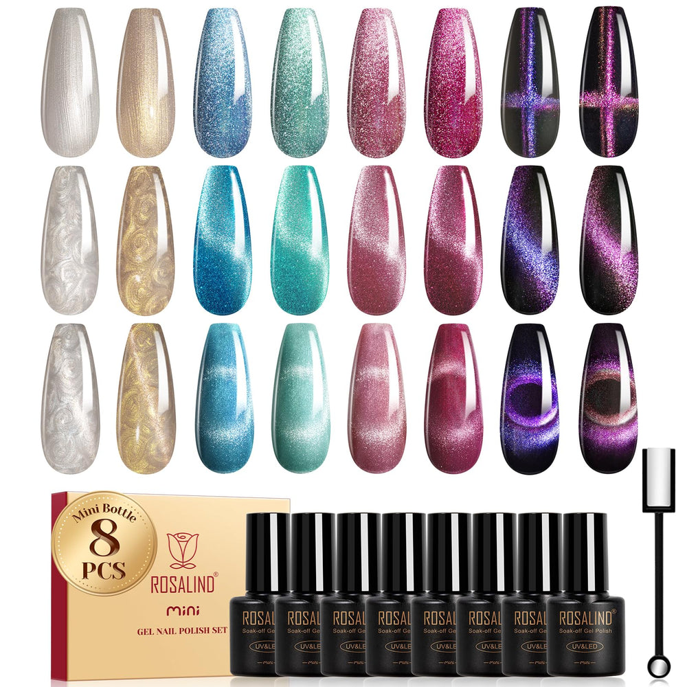 ROSALIND Esmalte gel ojo de gato set 8 colores para manicuras creativas.
