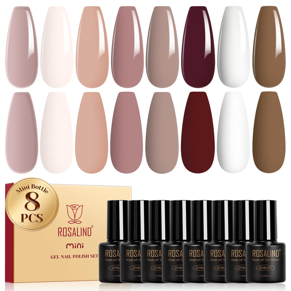 ROSALIND Esmalte gel nude marrón en botella de 5 ml para retoques rápidos.