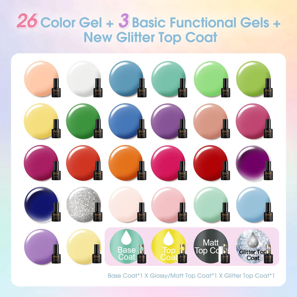 ROSALIND gel nail polish bottles arranged for easy color matching