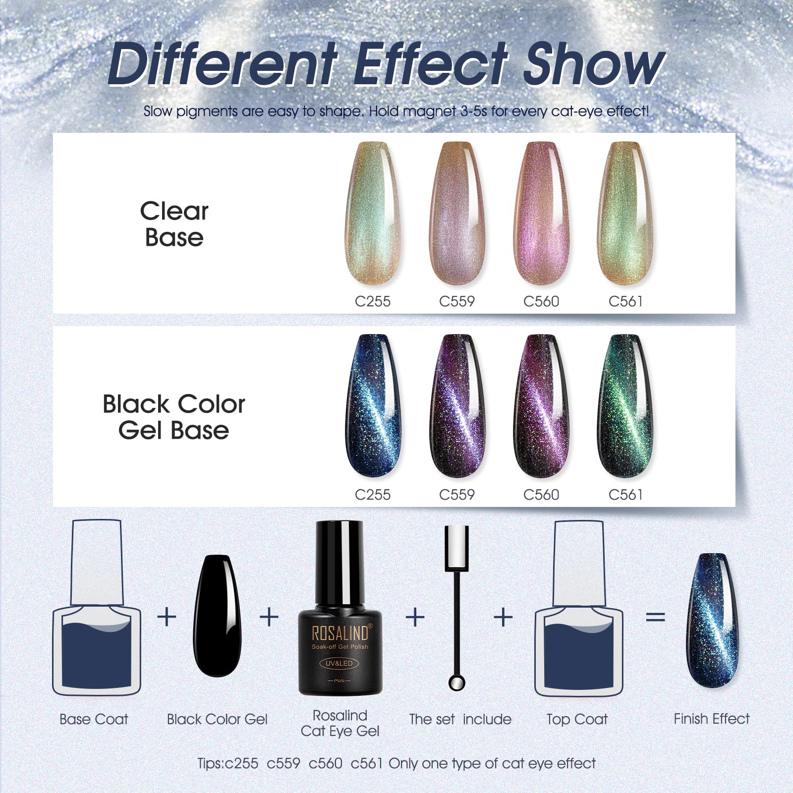 ROSALIND holographic 12-color cat-eye set adds dazzling shine to nails.