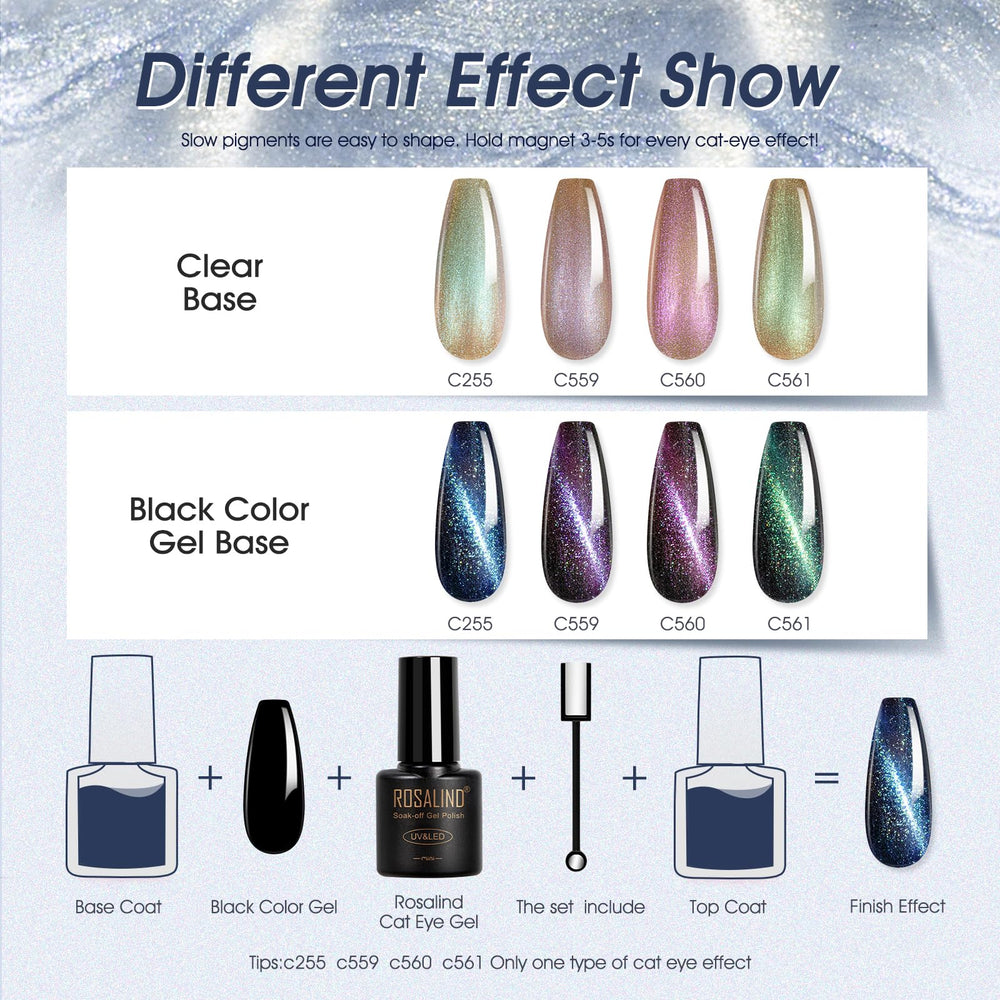 ROSALIND holographic 12-color cat-eye set adds dazzling shine to nails.