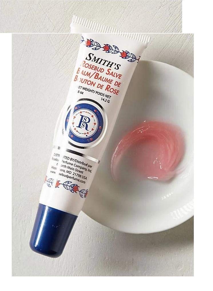 Usage illustration showing Rosebud Salve on lips, cuticles, and elbows.
