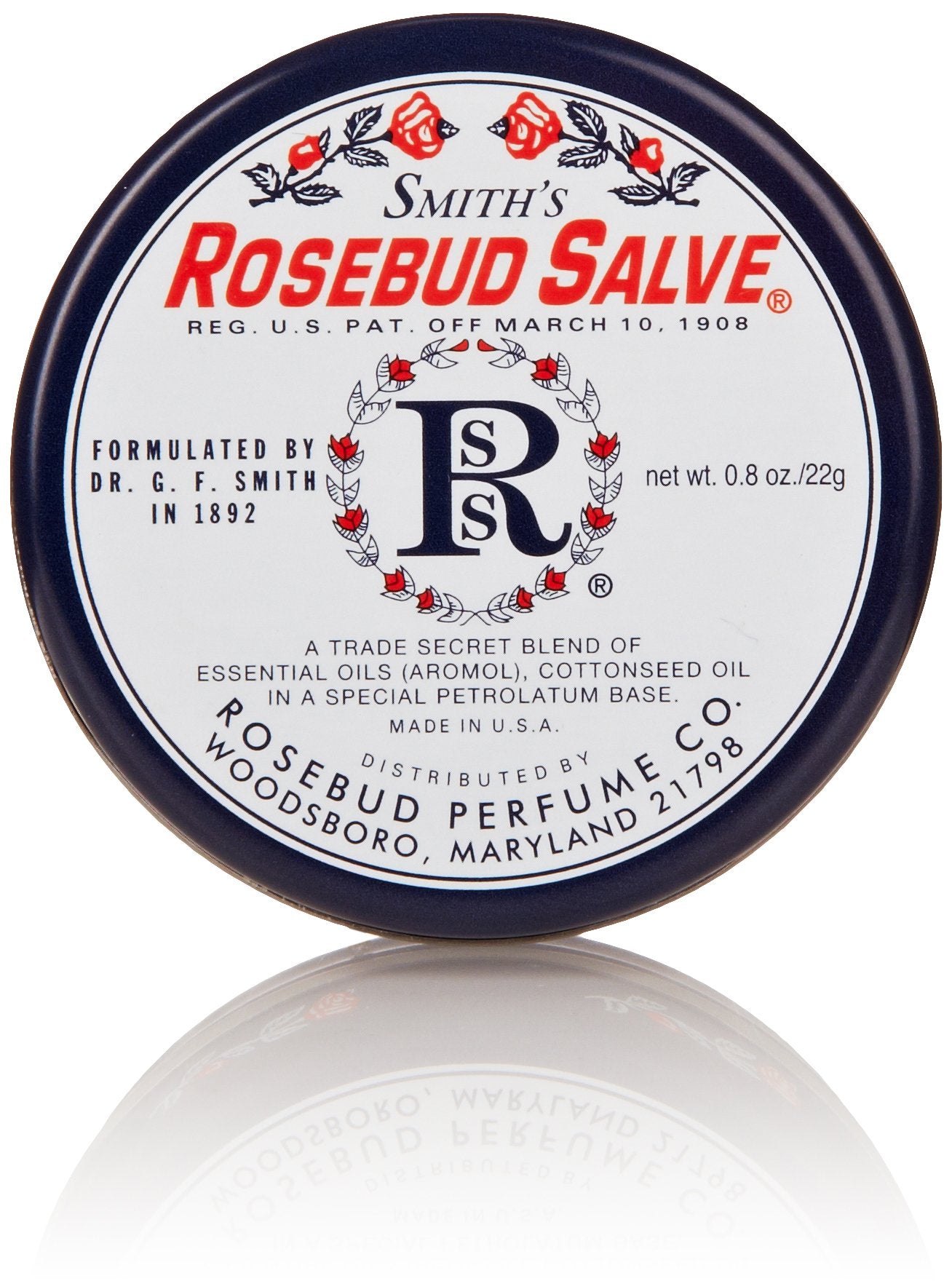 Rosebud Salve en lata clásica de 0,8 oz para uso diario suave en la piel.