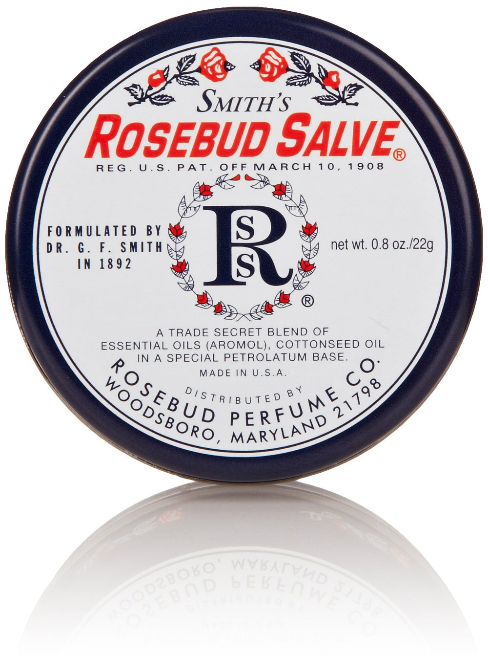 Rosebud Salve en lata clásica de 0,8 oz para uso diario suave en la piel.