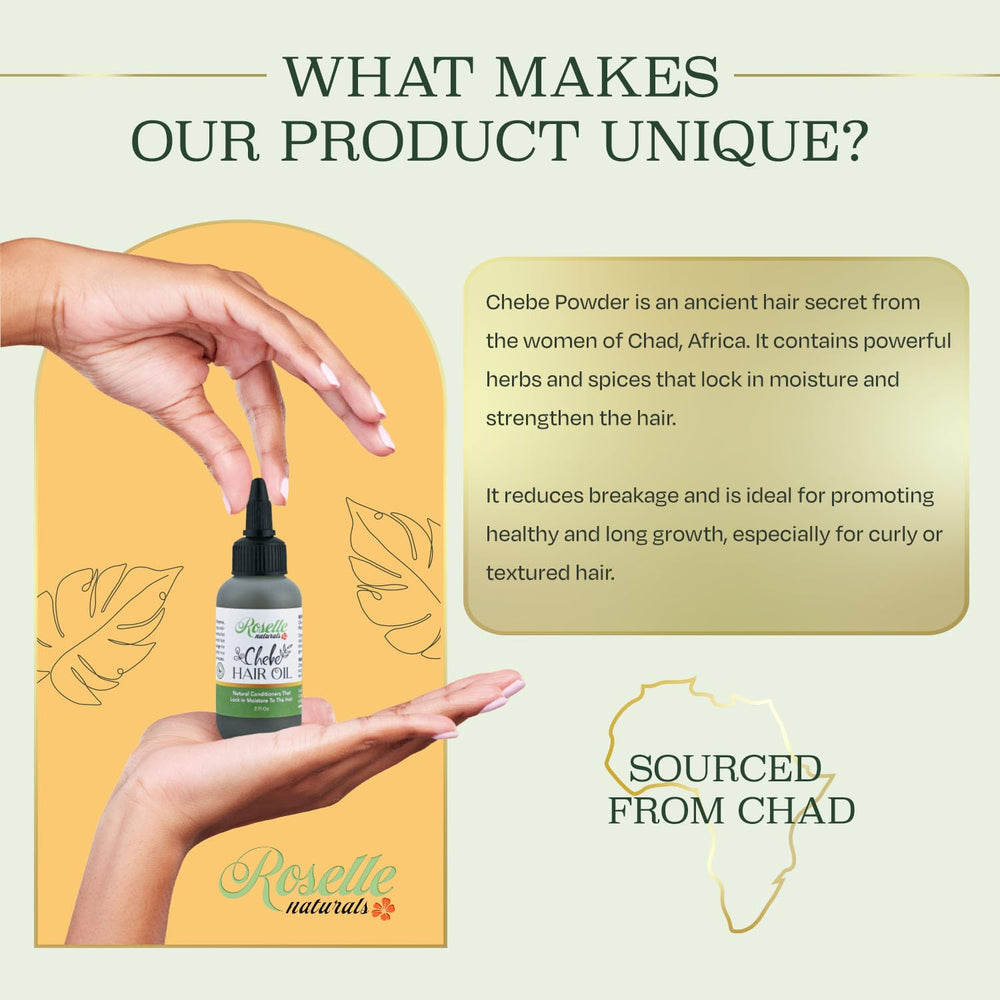Roselle Naturals aceite Chebe hidrata y aporta brillo natural.