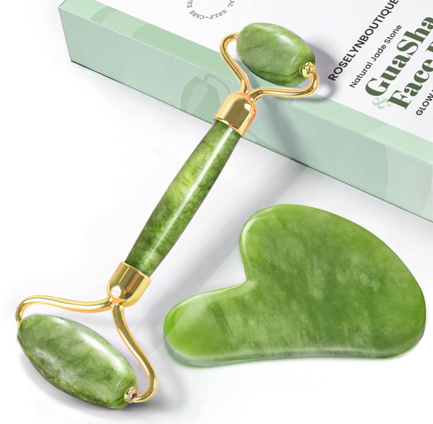 ROSELYNBOUTIQUE gua sha herramienta rostro verde para estimular la circulación y drenaje.