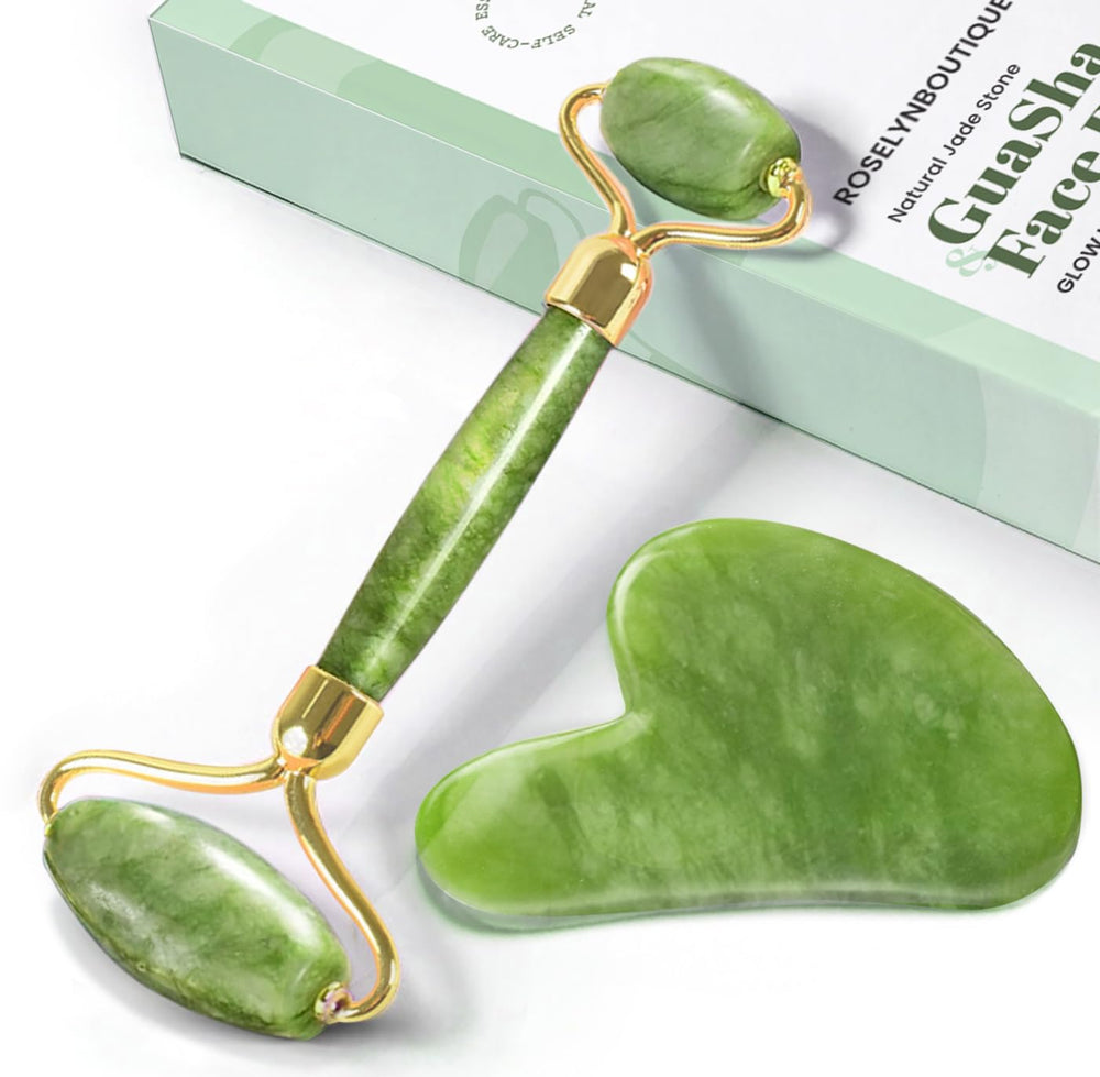 ROSELYNBOUTIQUE gua sha herramienta rostro verde para estimular la circulación y drenaje.