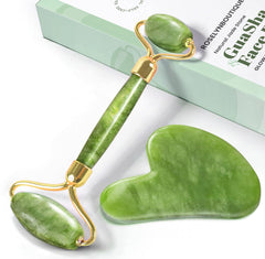 ROSELYNBOUTIQUE gua sha herramienta rostro verde para estimular la circulación y drenaje.