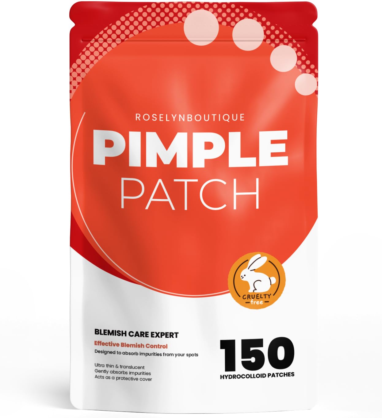 ROSELYNBOUTIQUE parche hidrocoloide para acne, caja de presentación, uso vegano y libre de crueldad