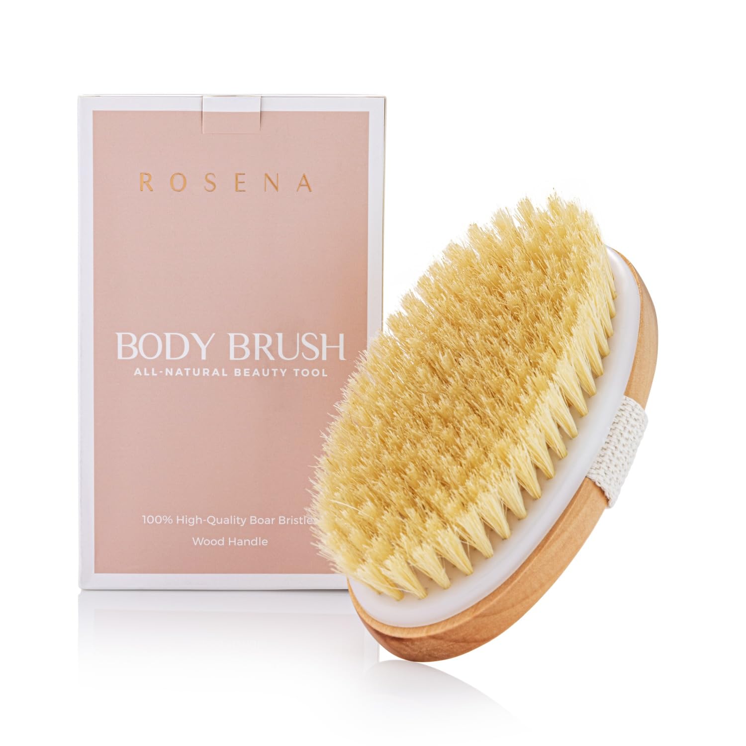 Brocha ROSENA con diseño oval y cerdas naturales para exfoliar piel seca.