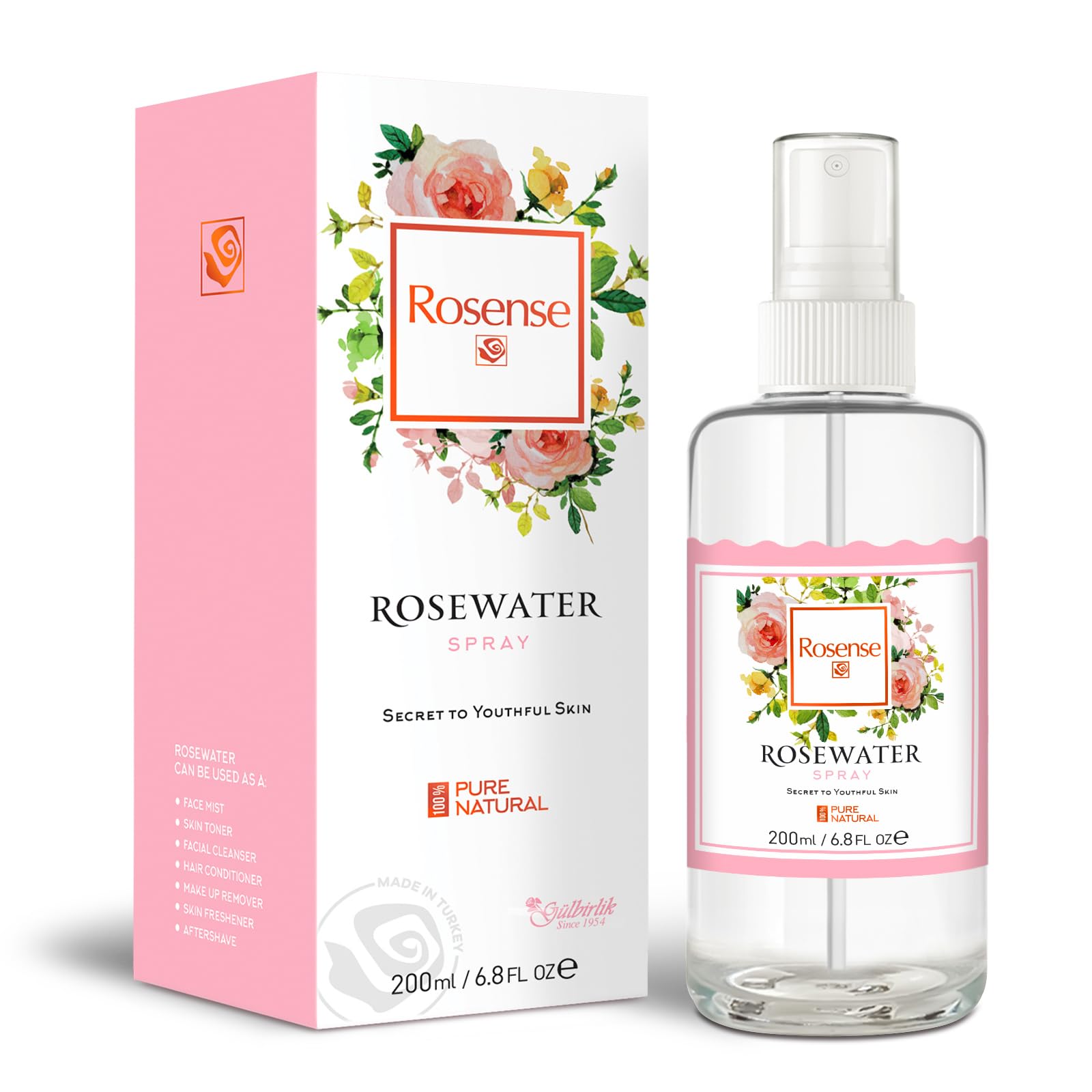 Rosense botella de cristal con agua de rosas, hidrata y refresca la piel.