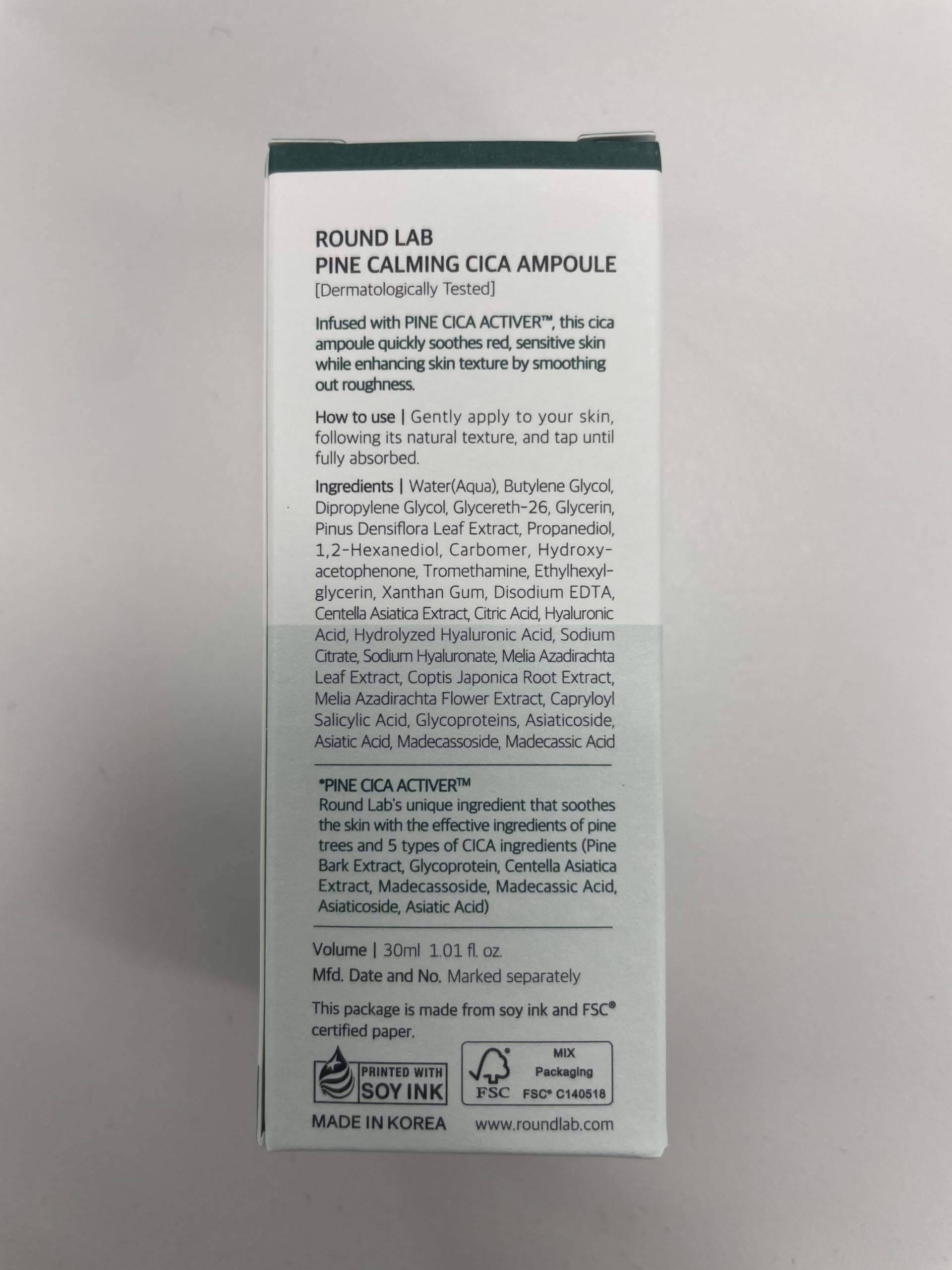 ROUND LAB Ampolla Calmante Pine Cica, uso diario: piel nutrida y confortable.