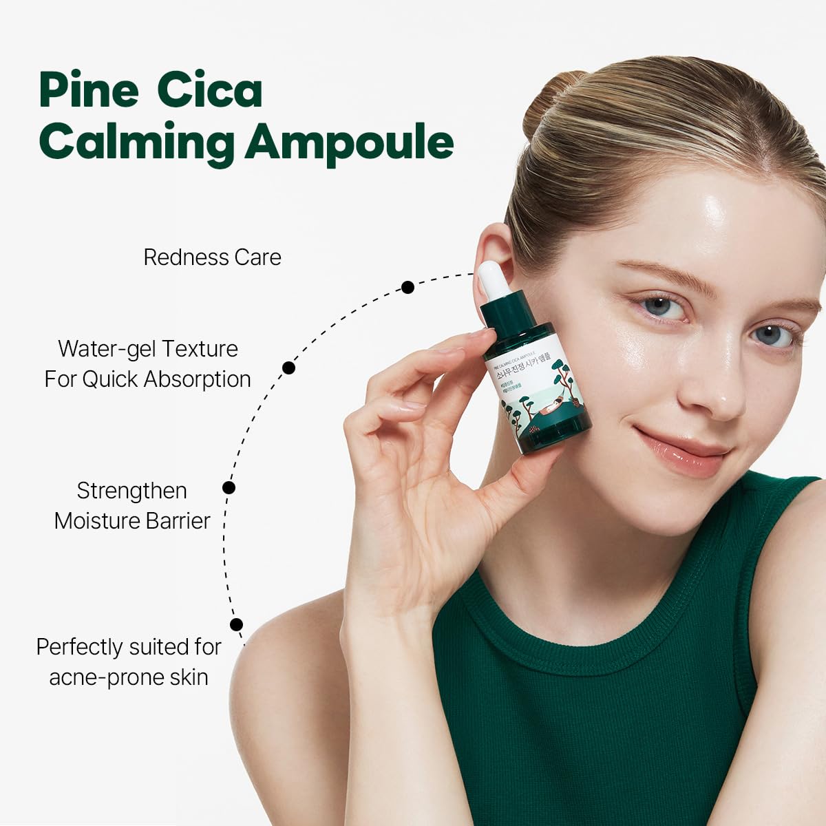 ROUND LAB Ampolla Calmante Pine Cica, textura agua-gel: absorción rápida y sensación refrescante.