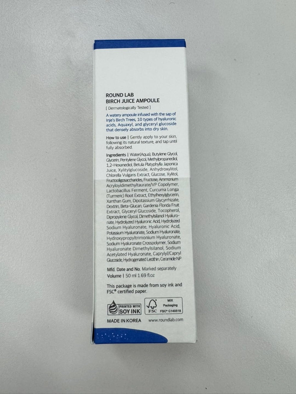ROUND LAB Ampolla hidratante de jugo de abedul, tecnología Aquaxyl para hidratación de largo plazo.