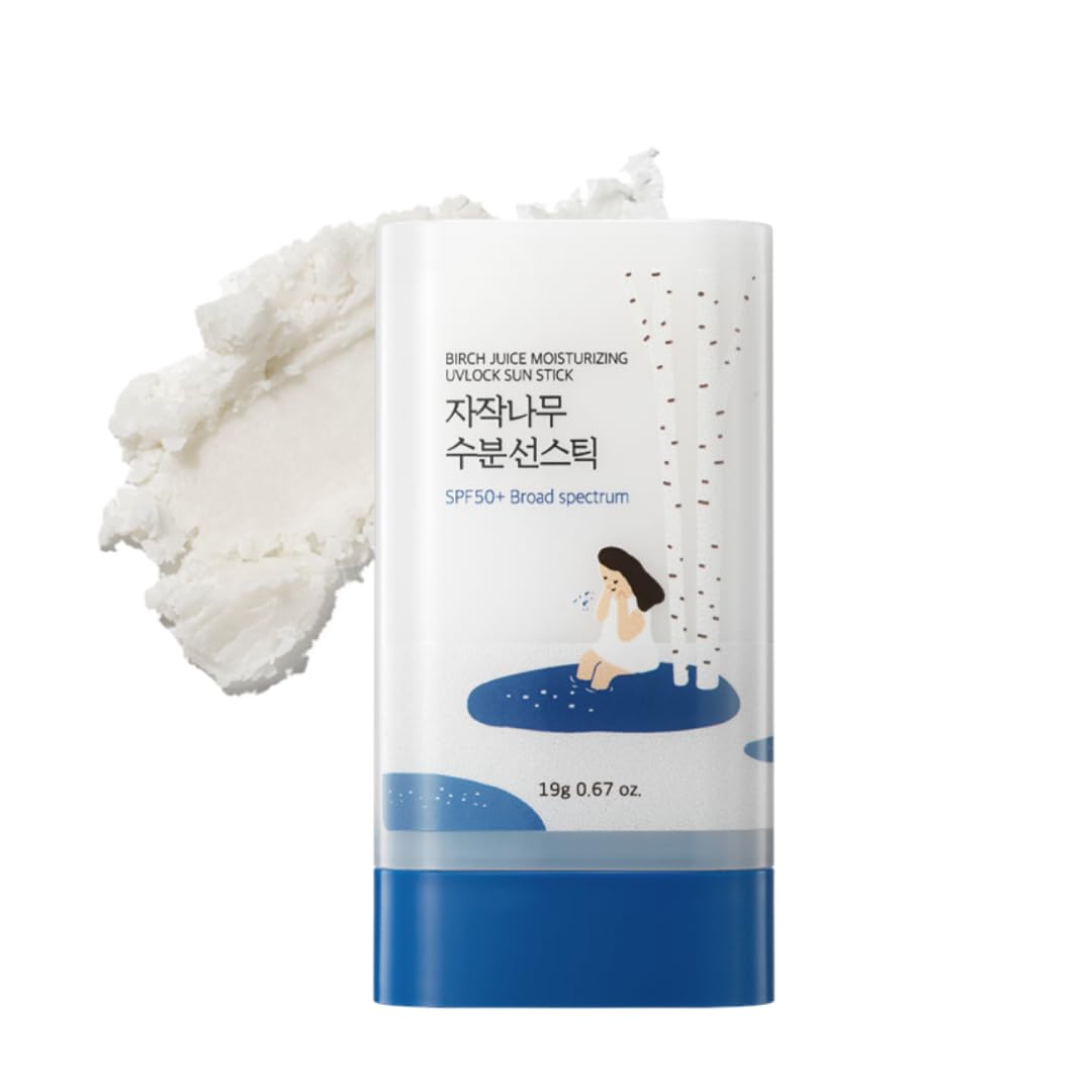 ROUND LAB Birch Juice Sun Stick: aplicación en cara para protección SPF50+ sin residuo blanco.