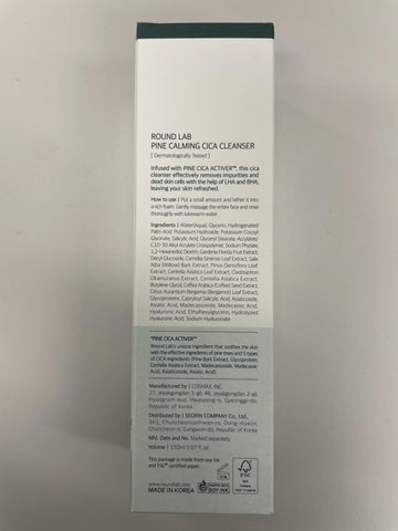 ROUND LAB Pine Calming Cica Cleanser caja y folleto informativo.