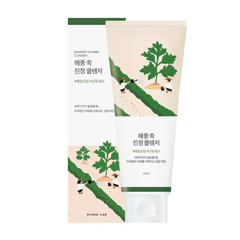 ROUND LAB Mugwort Calming Cleanser, botella elegante para limpieza suave y calmante.