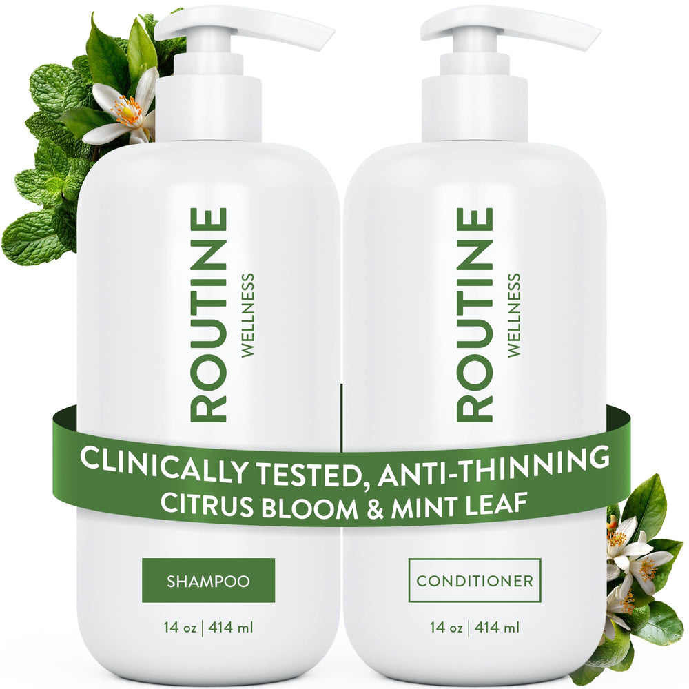 Routine Wellness champú anti-afinamiento en botella fortalece desde la raíz.