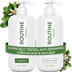 Routine Wellness champú anti-afinamiento en botella fortalece desde la raíz.