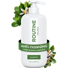 Routine Wellness Champú anticaída, botella con bomba, fortalecimiento capilar.