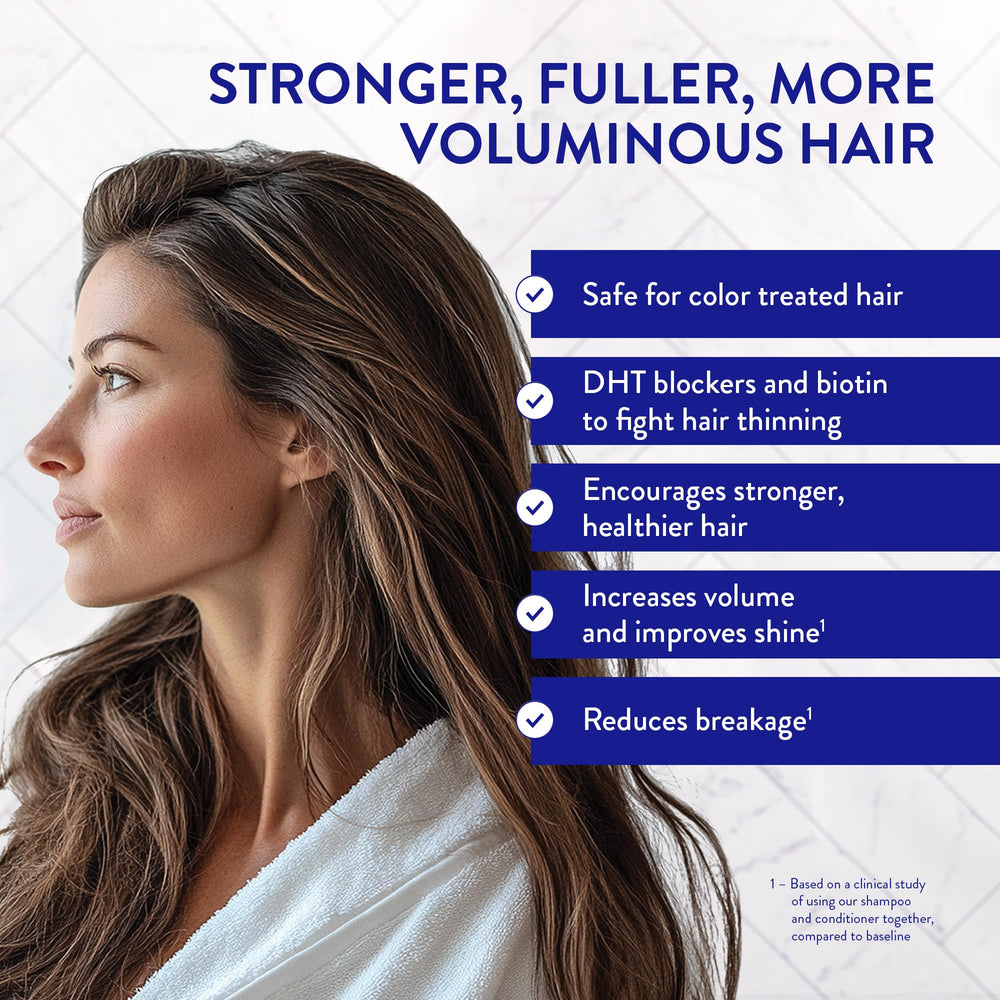 Etiqueta de champú Routine Wellness con bloqueo DHT y ingredientes clave para cuidado capilar