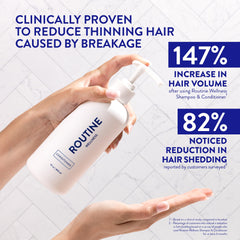 Routine Wellness acondicionador anti perdida en envase, ofrece volumen y brillo