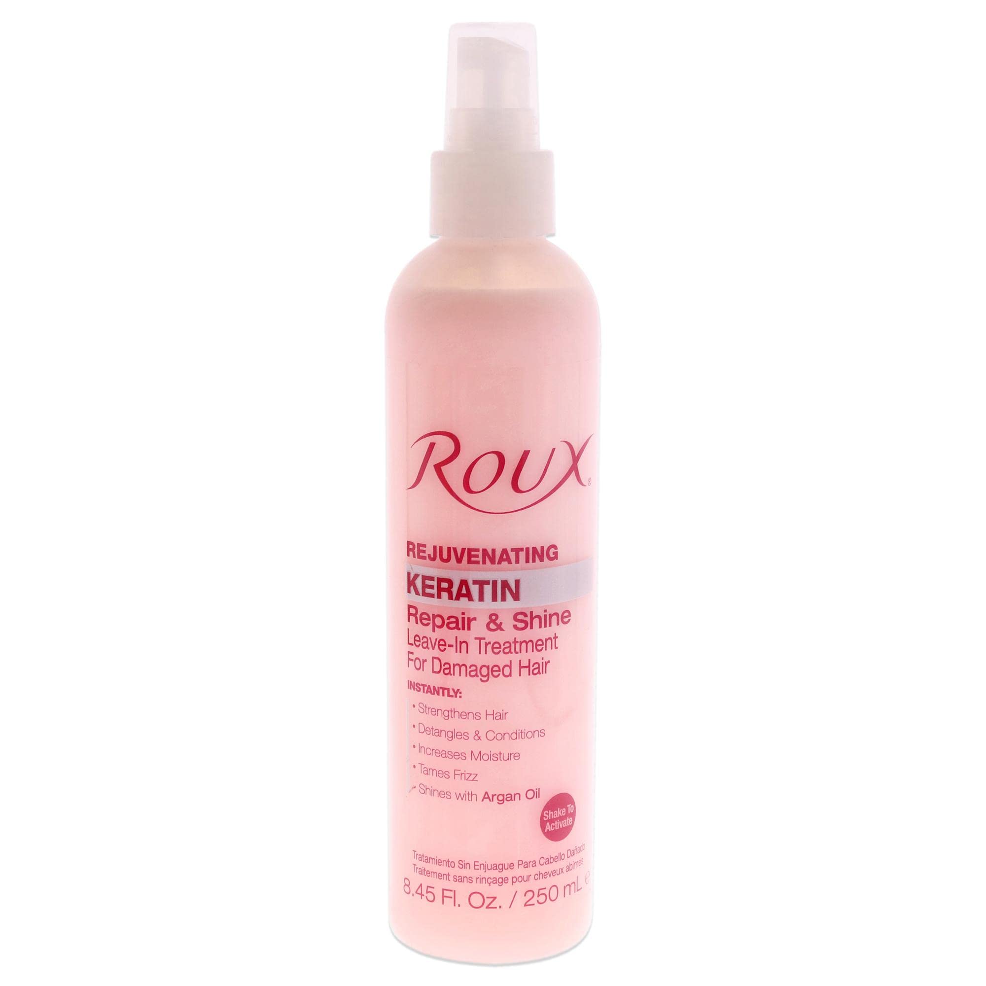 Roux Argan Oil Keratin Leave-In Bottle showcases nourishing shine and detangling power.