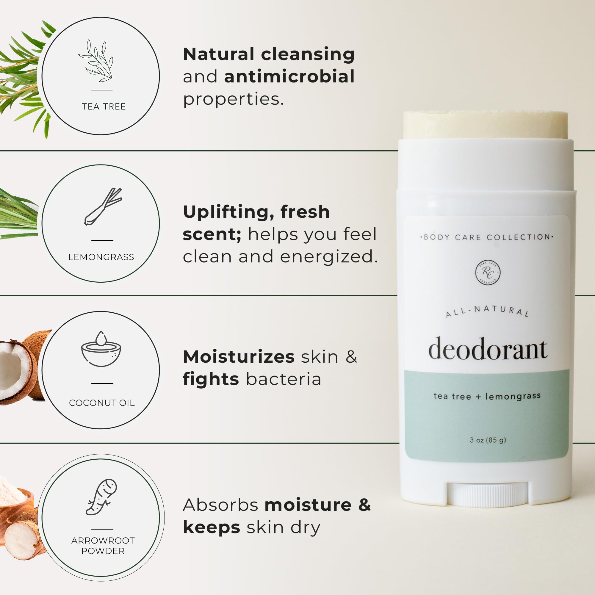 Rowe Casa Organics desodorante natural aplicación suave que protege todo el día.