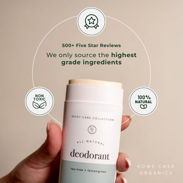 Rowe Casa Organics desodorante natural con árbol de té y citronela para limpieza suave.